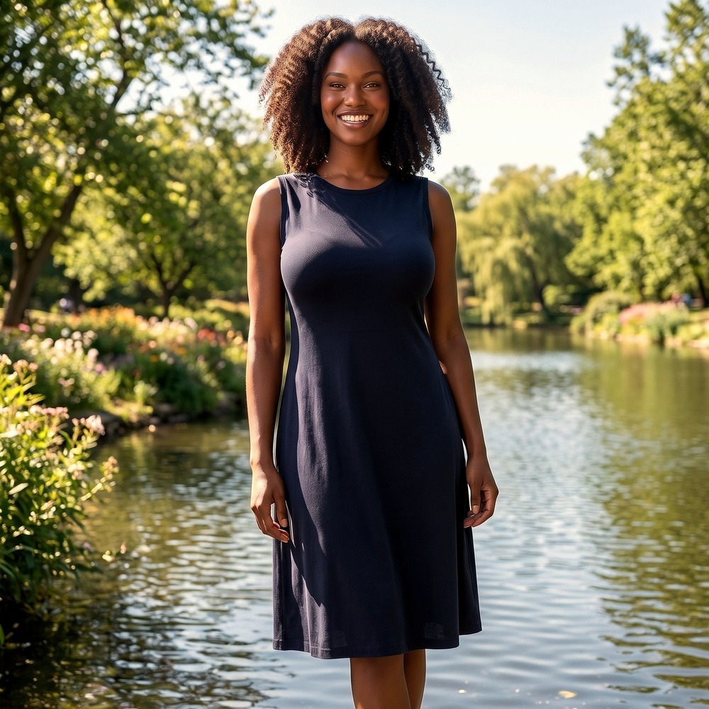 Eileen Fisher Organic Cotton Jersey Shift Dress Womens XXS Navy Minimalist‎